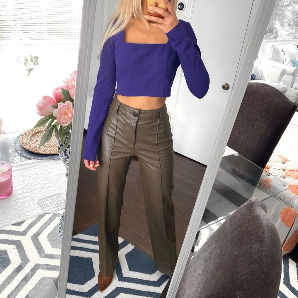 🍂 ZARA ASH BROWN FAUX LEATHER FULL LENGTH STRAIGHT LEG HIGH WAIST PANTS! - Picture 16 of 16